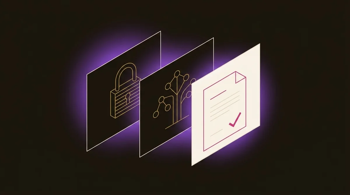 Tres tarjetas superpuestas —un candado, una red de nodos y un documento con una marca de verificación— que representan robots.txt, sitemap.xml y llms.txt